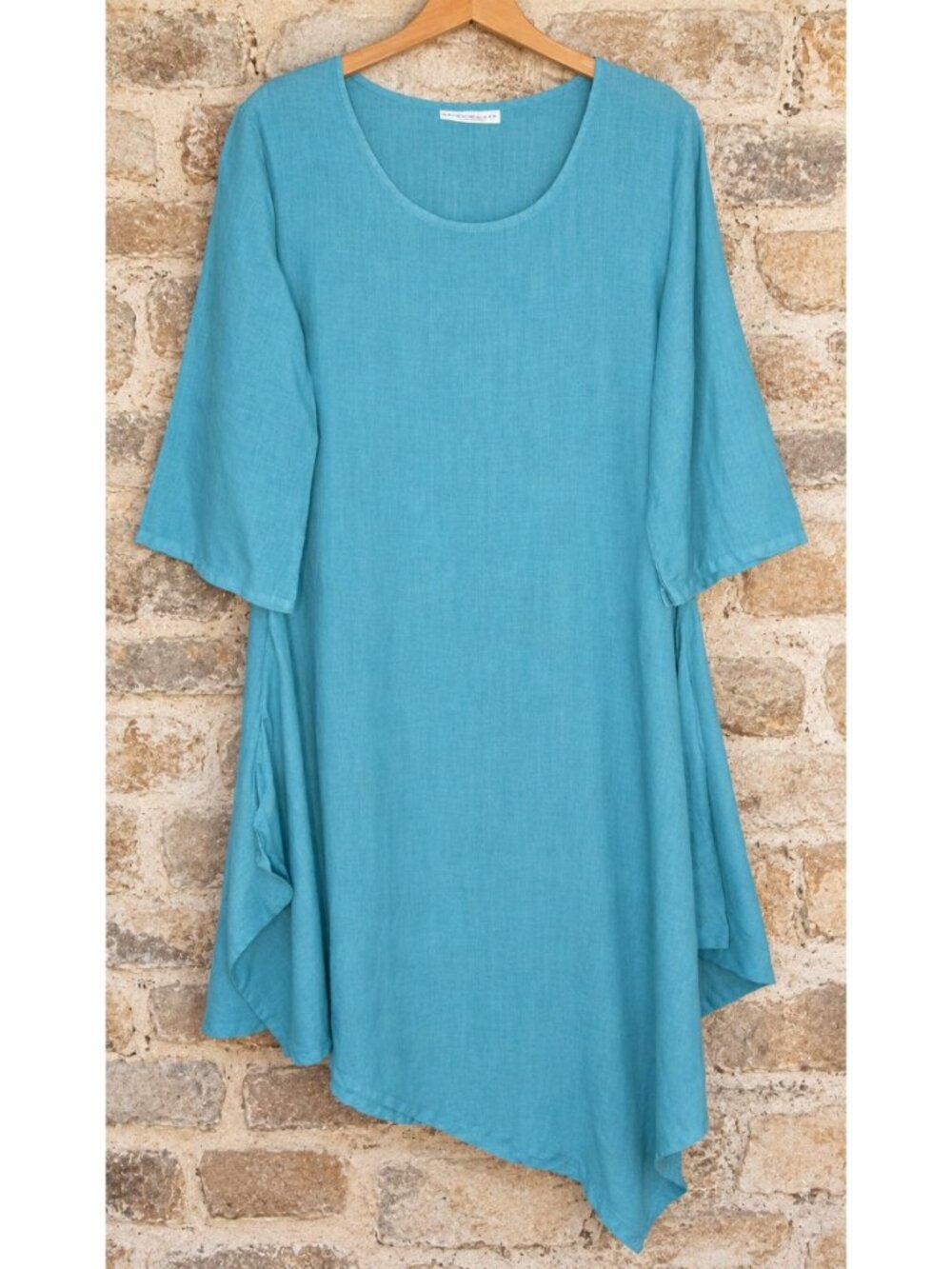 Bryn Walker S 100% Linen Dress Lagenlook Handkerchief Turquoise 3/4 Sleeve USA